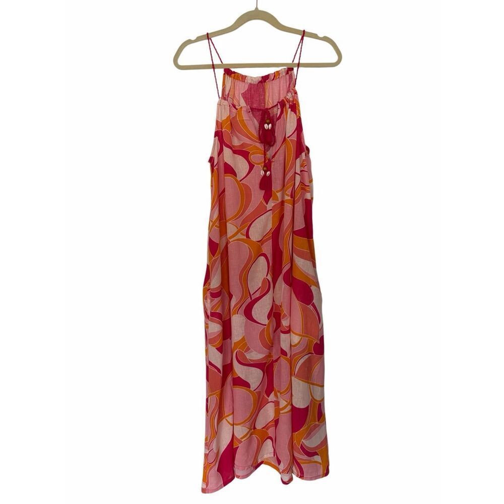 Rachel Zoe Linen Blend Maxi Dress Pink Orange Abstract Print Tassel Shell Size L - Picture 4 of 12
